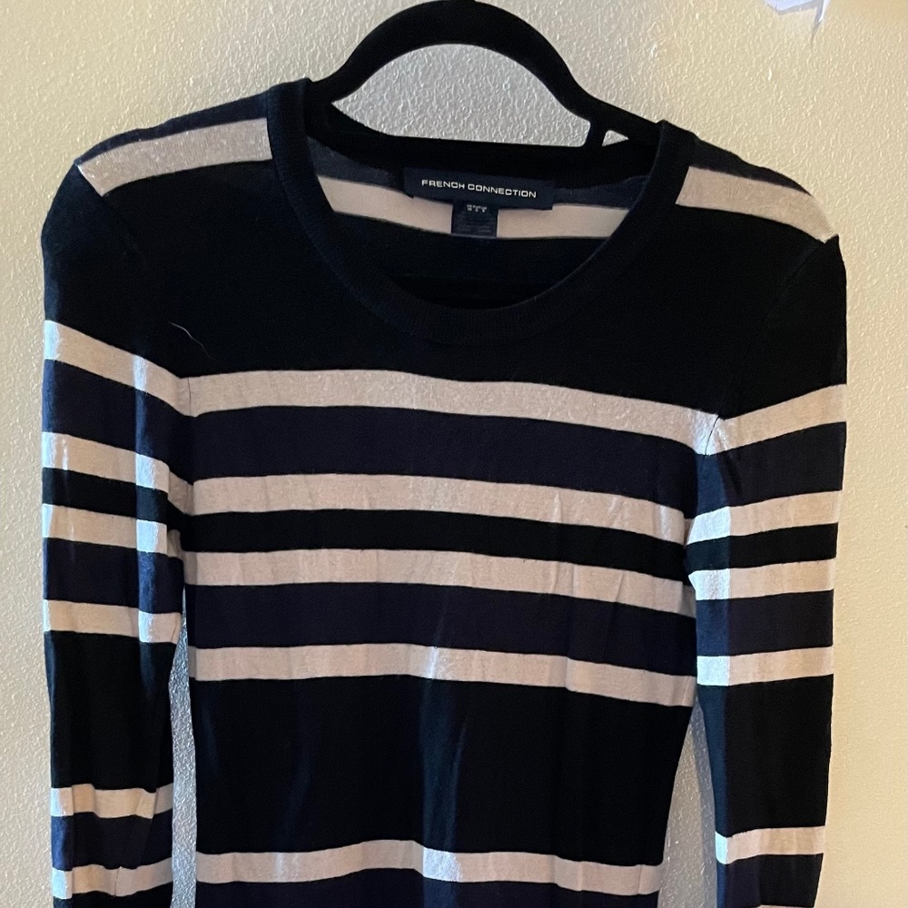 Knit French Connection Black, Cream and Navy Striped Form Fitting Sweater Dress